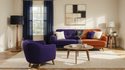 Fototapeta premium Elegant Living Room Featuring Modern Furniture, Artistic Touches, and Natural Light for a Chic and Inviting Space