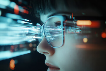 A focused individual wearing glasses, immersed in streams of digital data and light, representing the intersection of human intellect and technology.
