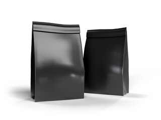 3D Realistic blank black pouch plastic bag mockup isolated. Bag product containers for presentation branding coffee, candy, spices, food pouch, snack sachet, resealable packaging or promo, ads