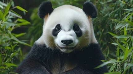 Cute Giant Panda Surrounded by Lush Green Bamboo Forest