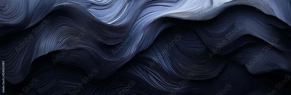 Poster modern, shiny blue lines forming a geometric pattern with glowing abstract shapes on a dark backgrou