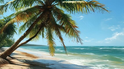 Obraz premium A serene beach scene with palm trees and gentle waves