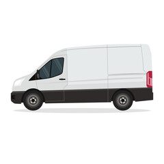 Vector illustration of white or silver van land vehicle in cartoon flat style. Cargo vehicle front, side and rear view. Silver delivery mini van isolated. Delivery Van Mockup for Advertising