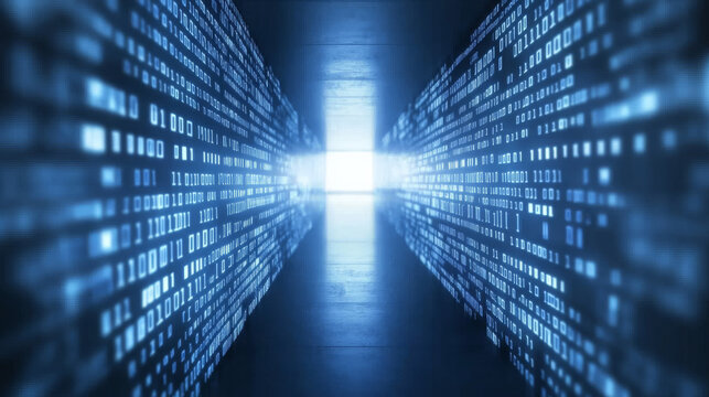 Digital tunnel with glowing binary code leading to bright light