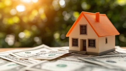 Small Model House on Dollar Bills with Blurred Green Background