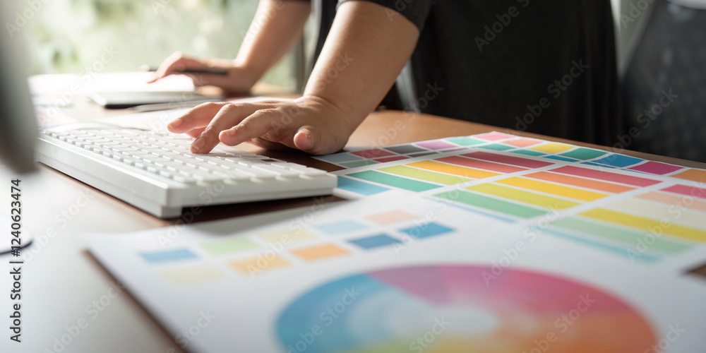 Poster graphic designer working on a computer keyboard with color charts at a creative desk.