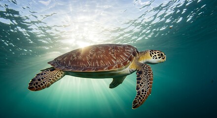 Obraz premium A large sea turtle gracefully swimming through a sunlit oceanic current.