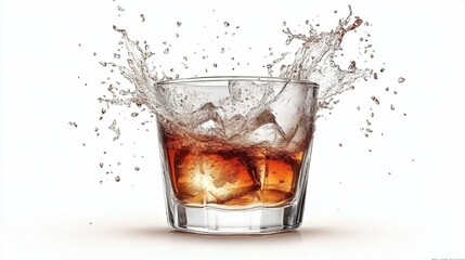 Splash of Whiskey with Ice in a Glass on White Background