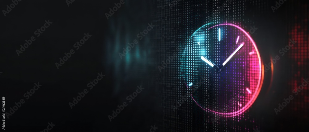 Poster digital clock display with vibrant colors and abstract background