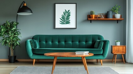 Modern Living Room with Green Sofa and Unique Decorative Elements