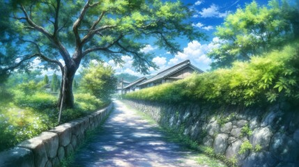 Fototapeta premium A beautiful Japanese Tokyo city town bathes in the evening light, with houses lining the streets. Rendered in anime comics artstyle, the scene features cozy lofi Asian architecture, set at 16:9 4k
