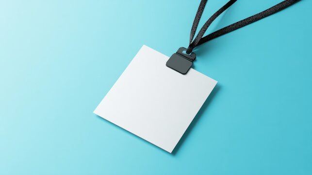Elegant white event ID badge mockup, blank name tag design, pastel sky blue background