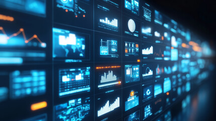 Fototapeta premium Digital data screens displaying analytics and graphs in futuristic setting