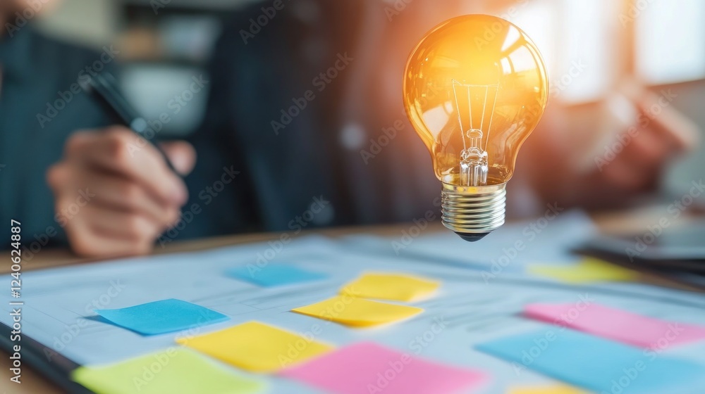 Poster creative brainstorming session with light bulb idea concept