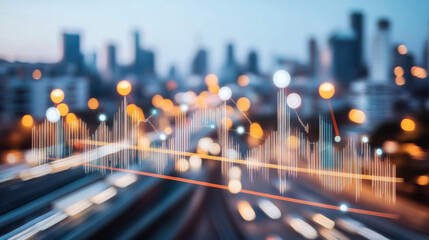 Cityscape with abstract financial graph overlay, vibrant lights