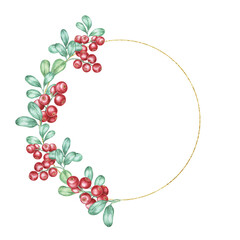 A circular frame with red cranberries and green leaves with gold circle accent in watercolor clipart. Perfect for holiday cards, wedding invitations, packaging designs, or branding with natural theme