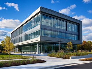 Obraz premium Modern office building, autumn landscape, sunny day, corporate campus