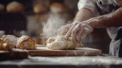 Baker Kneading Dough in Floury Kitchen with Fresh Bread on Table