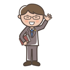 笑顔で手を振る男性弁護士の全身イラスト