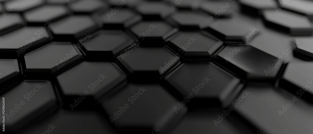 Poster close-up of interlocking black hexagonal tiles on surface
