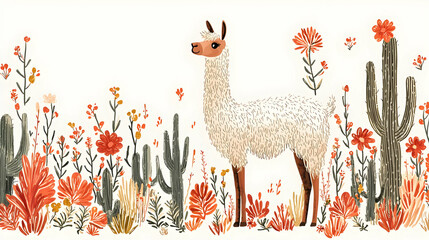 Llama in Desert Bloom: Cactus, Flowers, Wildlife