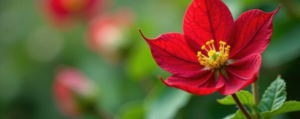 Small white petals surrounding a prominent red columbine flower, bloom, isolated