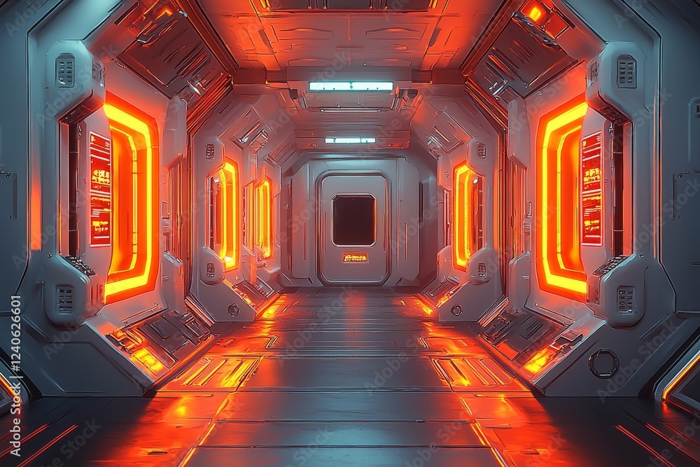 Poster 3d rendered illustration of an empty illuminated spaceship corridor