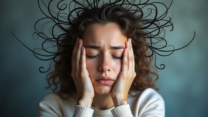 A close-up of a young woman holding her head with eyes closed, surrounded by abstract scribbles symbolizing anxiety and mental distress in a soft blurred setting.