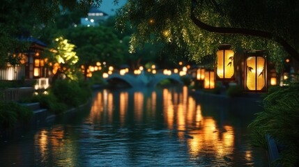 Tranquil River Views with Glowing Lanterns