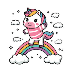 A cute and cheerful cartoon unicorn with a pink and white striped sweater, standing on a colorful rainbow bridge surrounded by fluffy white clouds.