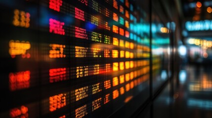 A close-up view of a digital stock market display with colorful ticker symbols and numbers reflecting market activity.