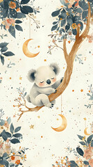 Koala Sleeping on Branch, Moonlit Night