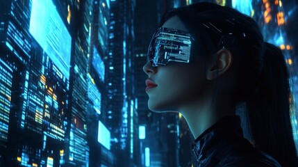 Futuristic Woman with Augmented Reality Glasses in Digital Cityscape