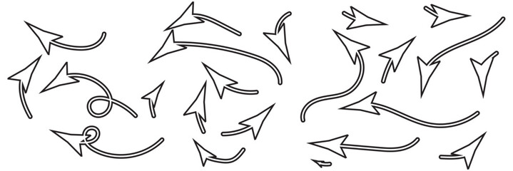 Set of simple lines hand drawn black arrows in various style. Set of simple of hand drawn black arrows. Set of simple lines hand drawn black arrows. Various of simple lines arrows collection
