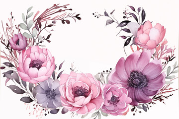 Watercolor flowers in pastel pink and purple tones as round frame with copy space in center. Concept of watercolor mockup of flower shop logo on white background or watercolor postcard with flowers