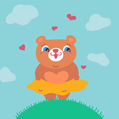 Lovely adorable bear cub, card design for a spring mood