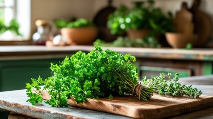 Fresh herbs on a wooden table in a cozy kitchen setting