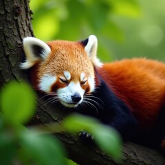 Obraz premium Red panda snoozing, nestled among leaves in tree , furry, leaves