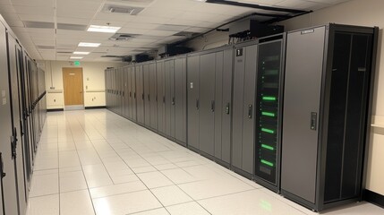 Server Room with Rows of Tall Gray Cabinets and Bright Green Lights