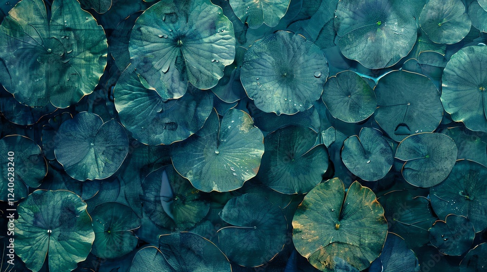 Poster this image features a close-up of lily pads on a pond. the pads are a deep green color and have a sm