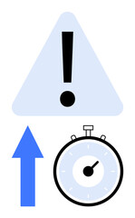 Exclamation mark within a triangle an upward blue arrow and a stopwatch. Ideal for urgent tasks, deadlines, time management, prioritization, punctuality, alerts, productivity. Line metaphor