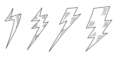 Set of Hand drawn electric lightning. Doodle thunderbolt and thunderstorm. isolated on white background. vector illustration