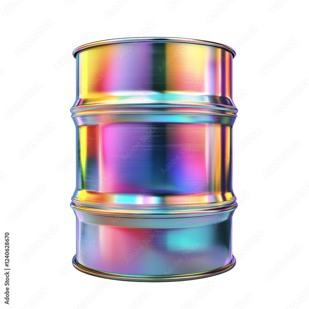 Poster a digitally rendered image showcasing a metallic barrel with an iridescent, rainbow-like finish.