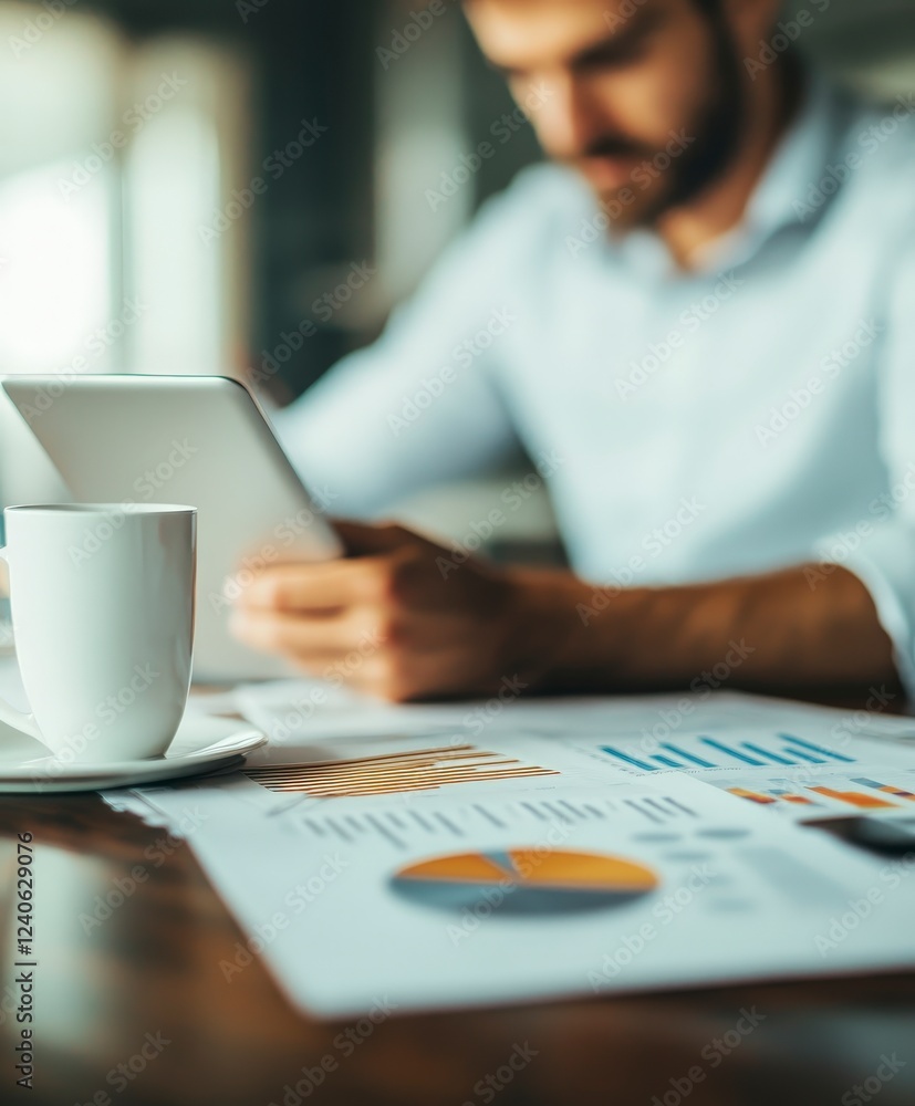 Poster businessman using tablet while analyzing charts and reports
