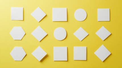 Set of white name badges in different shapes, isolated on a pastel yellow background