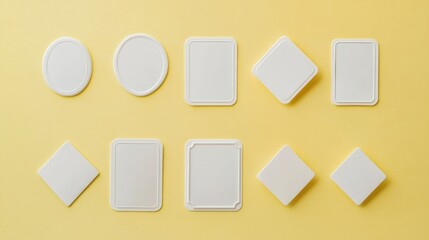Set of white name badges in different shapes, isolated on a pastel yellow background