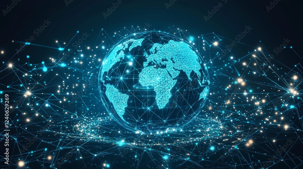 Poster 3d world map network connection glowing polygonal triangle neon lines on a dark black background