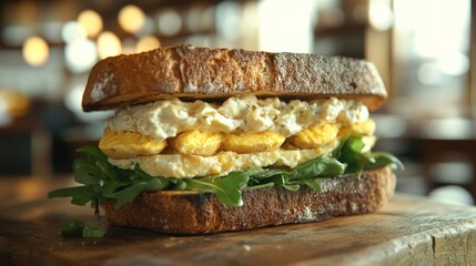 Creamy Egg Salad Sandwich on Toasted Bread with Arugula