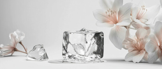 Melting ice cube on a hot surface surrounded by geometric shapes and flowers in a minimalist collage