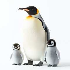 Obraz premium Realistic penguin with two baby emperor penguin